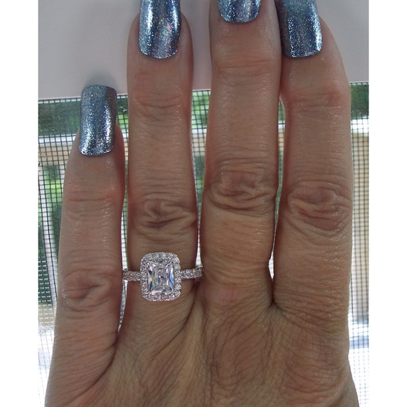 925 STERLING SILVER Radiant Cut Clear Cubic Zirconia Halo Ring - Picture 10 of 16